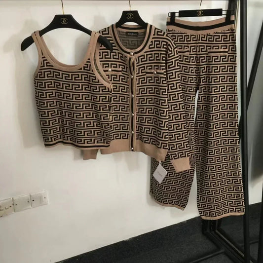 Geometric Colorblock Print Knitted Women's Open Cardigan Sweater + Matching Tank Vest Top + High Waist Wide Leg Pants 3-Piece Set