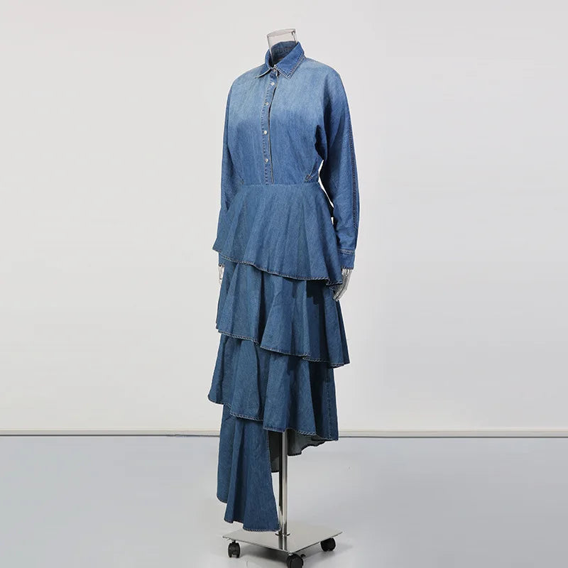Denim Blue Gradient Colorblock Long Sleeve Turn-Down Collar Jean Shirt + Ruffled Tiered Layered Hi-Lo Tutu Jean Skirt Women's 2-Piece Set