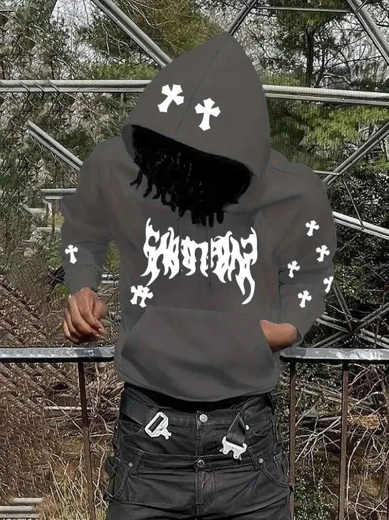 Men's Hip-Hop 3D Cross Print Pullover Drawstring Hoodie Sweatshirt