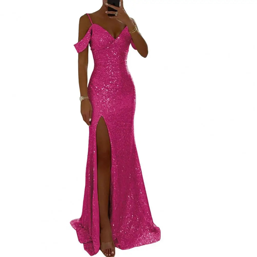 Shiny Sparkling Sequin Off-the-Shoulder V-Neck High Side Slit Party Maxi Dress