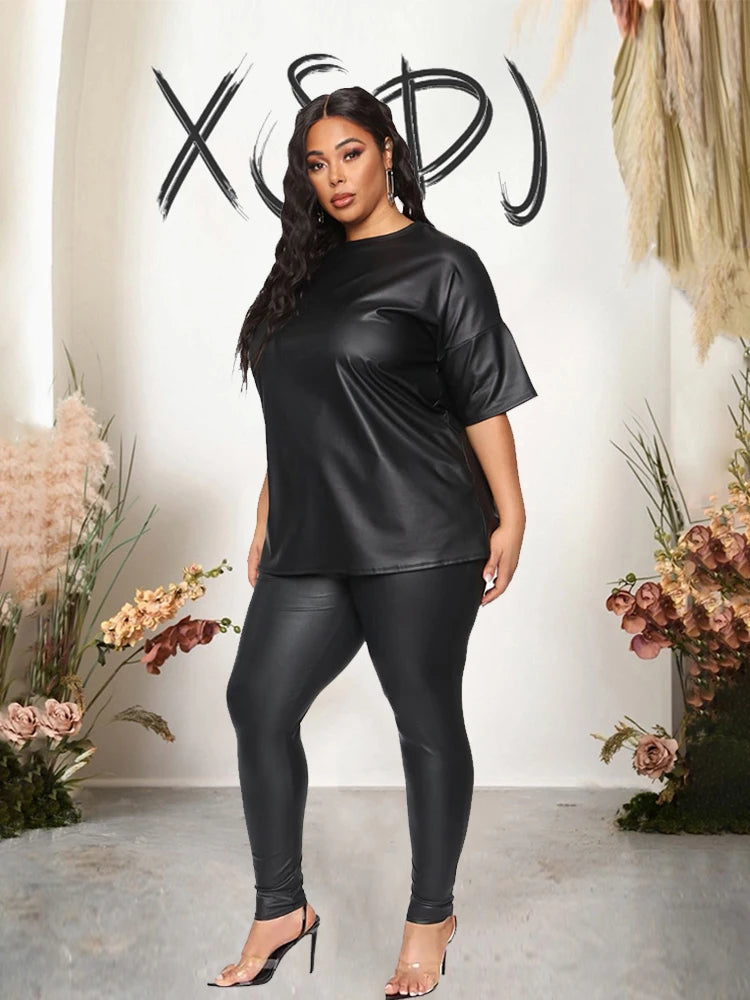 Black Faux Leather Women's Short Sleeve Blouse + Stretch Leggings 2-Piece Set to 5X Plus Size