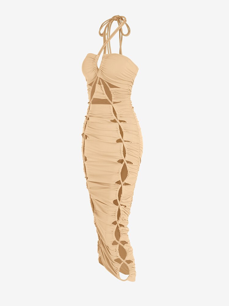 Lace Up Criss Cross Halter Cut Out Slinky Dress