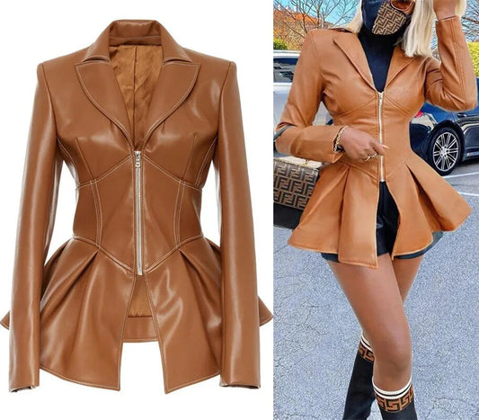 PU Leather Turn-Down Collar Long Sleeve High Waist Zipper Short Corset Jacket