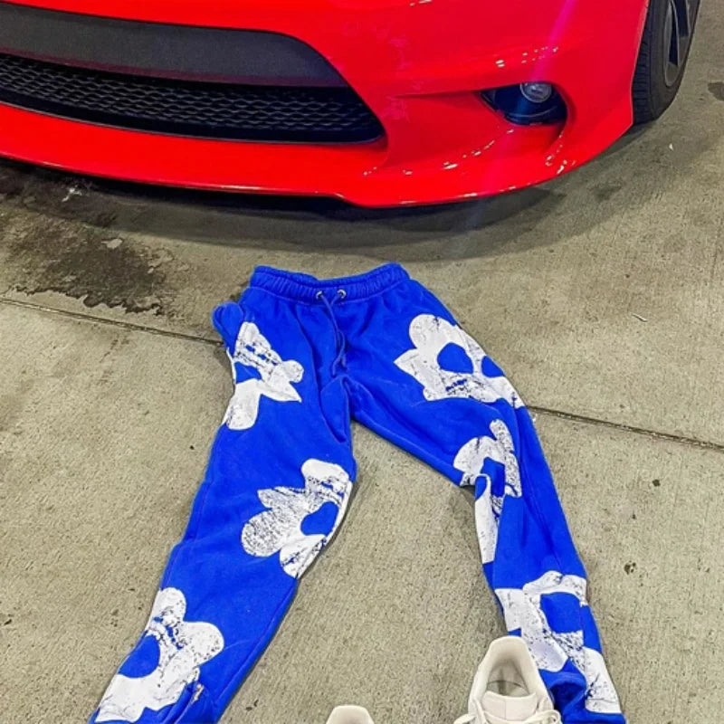 Men's "SUPERSTAR" Letter Print Big Flower Design Hoodie Sweatshirt + Drawstring Sweatants Hip-Hop Tracksuit