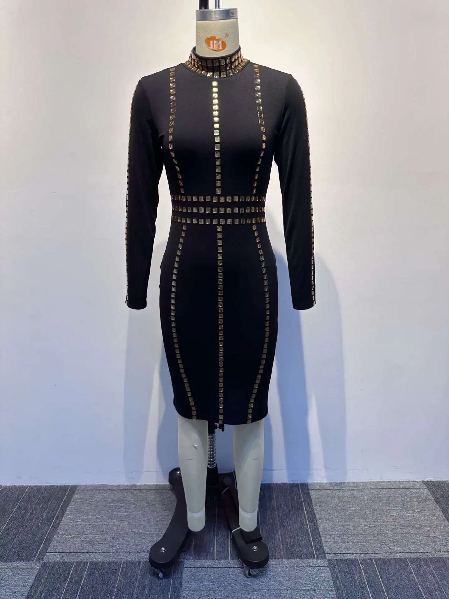 Gold Studded Hot Drill Stretch Long Sleeve Midi Dress