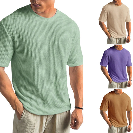Men's Waffle Pattern Solid Color Short Sleeve T-Shirts