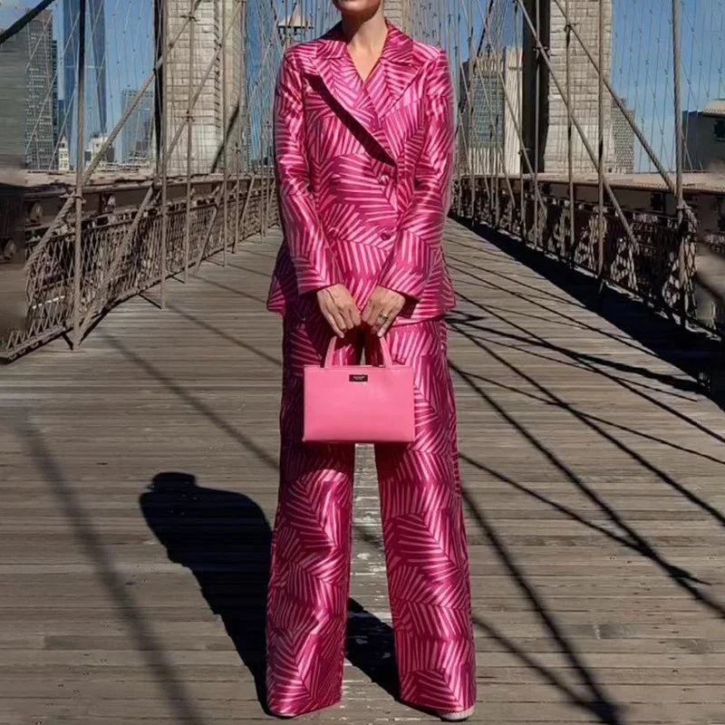Satin Commuter Temperament Geometric Striped Blazer Jacket + High-End Women's Straight Pants Formal Suit