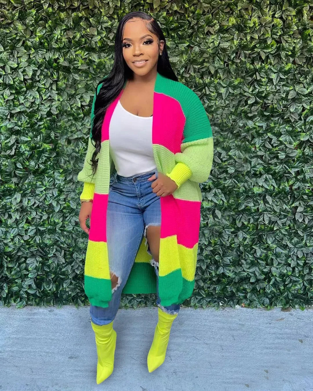 Striped Colorblock Women's Knitted Ribbed Patchwork Long Sleeve Open Stitch Slim Cardigan Oversized Maxi Sweaters