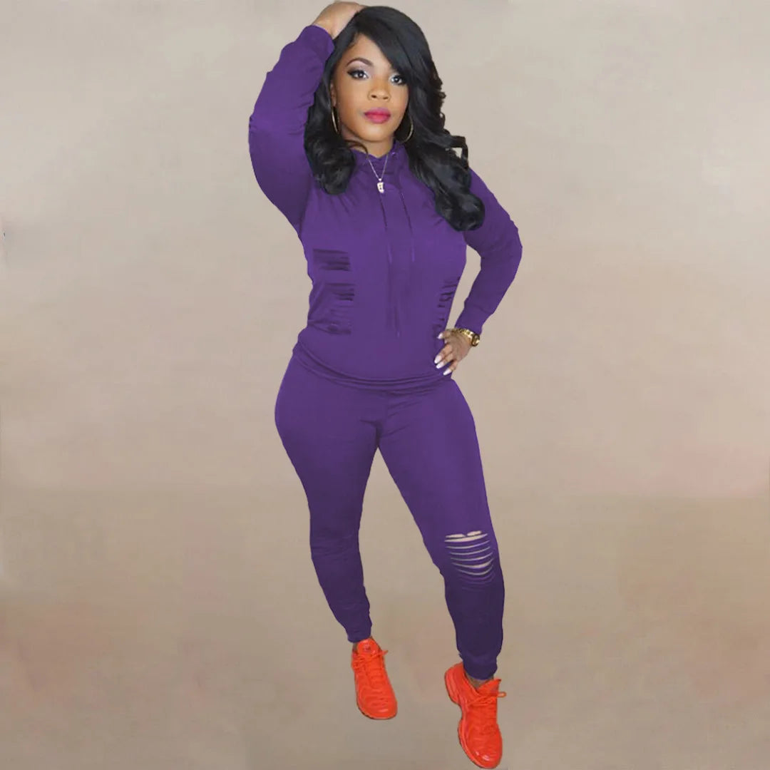 Drawstring Ripped Hollow-Out Women's Solid Color Hoodie Sweatshirt & Ripped Skinny Jogger Sweatpants Tracksuit