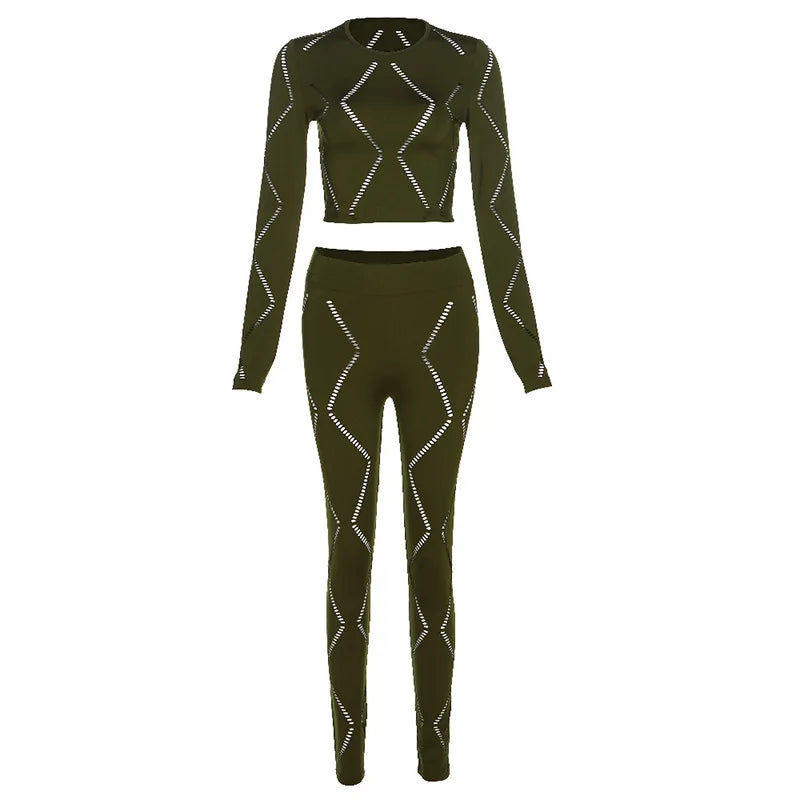 Knitted Geometric Pattern Long Sleeve Crop Top + Matching Biker Shorts Women's Solid Color 2-Piece Set