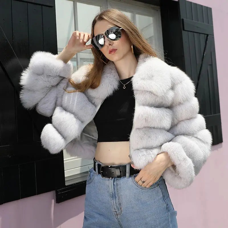 Rainbow Cropped Real Fox Fur Jacket