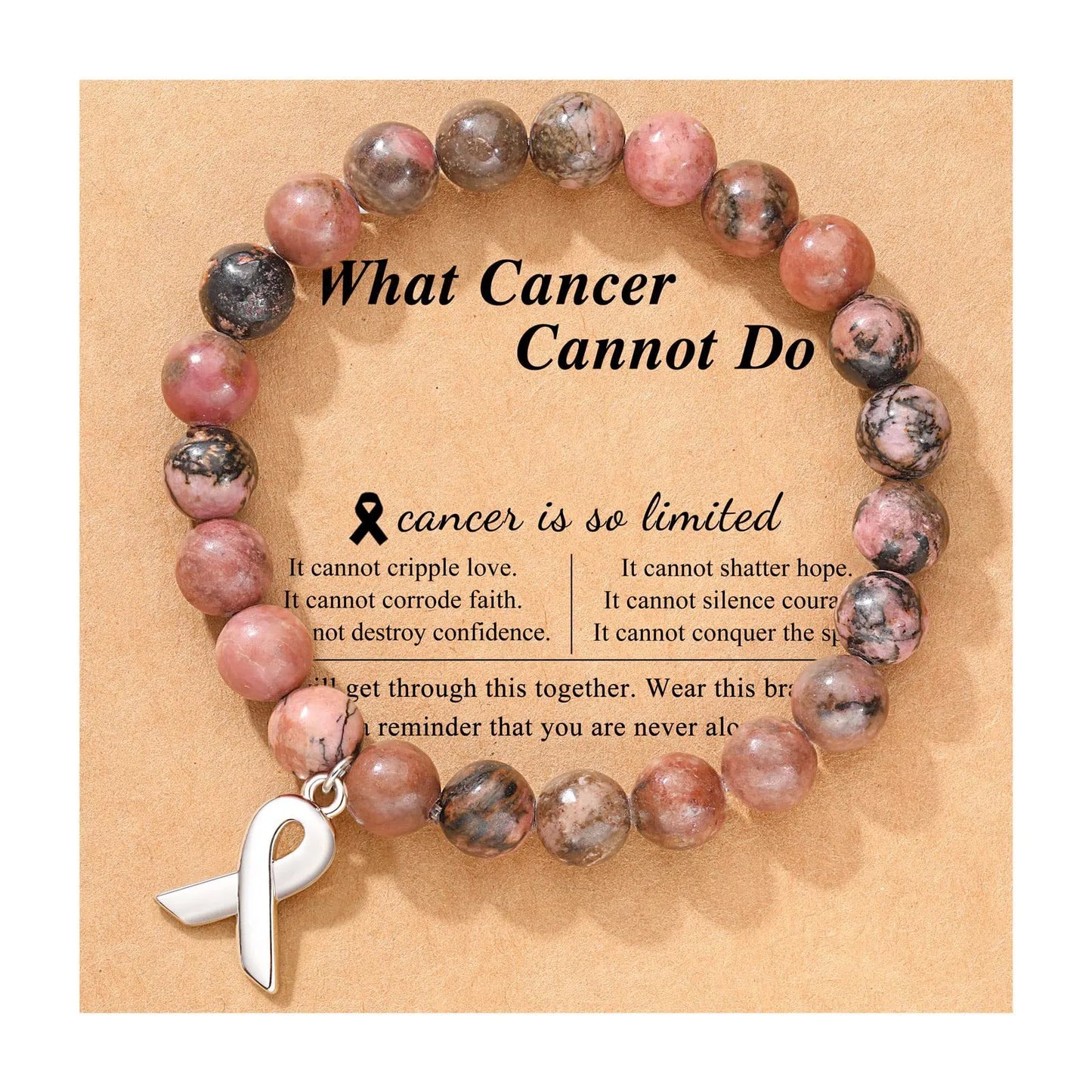 Breast Cancer Awareness Natural Stones Crystal Bracelet w/ Message Card