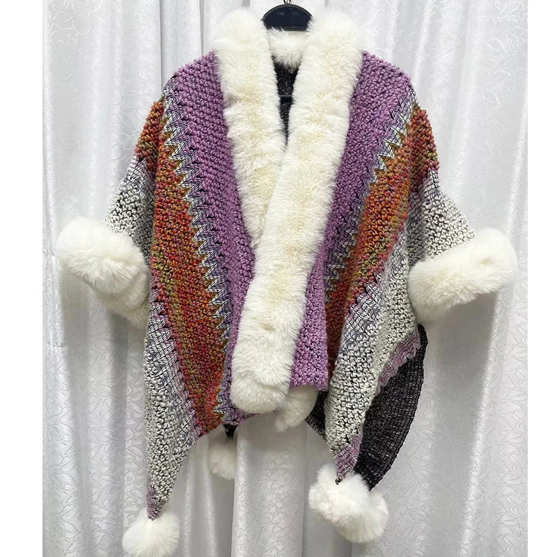 Hooded Fringe Tassel PomPom Decor Geometric Striped Colorblock Cape Cloak Shawl Wrap Scarf Sweater