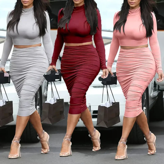 Sexy Bodycon Solid Color Long Sleeve Crop Top & High Waist Ruched Skirt Women's 2-Piece Set