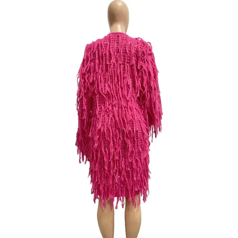 Fringe Tassel Solid Crochet Knitted Open Stitch Loose Ladies Maxi Sweater