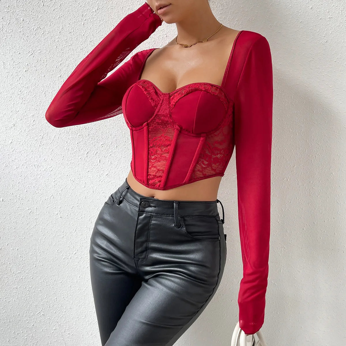 Lace Mesh Hollow-Out Embroidered Bustier Corset V-Neck Long Raglan Sleeve Cropped Blouse