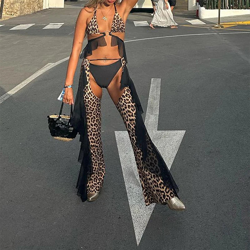 Sexy Leopard Print Mesh Transparent Ruffled Bikini Top, Bikini Bottoms, Tassel Fringe Leggings Women's 3-Piece Swimwear Set