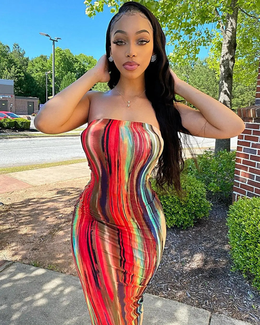 Sleeveless Tube Top Design/Long Sleeve Striped Colorblock Printed Bandage Skinny Maxi Dress