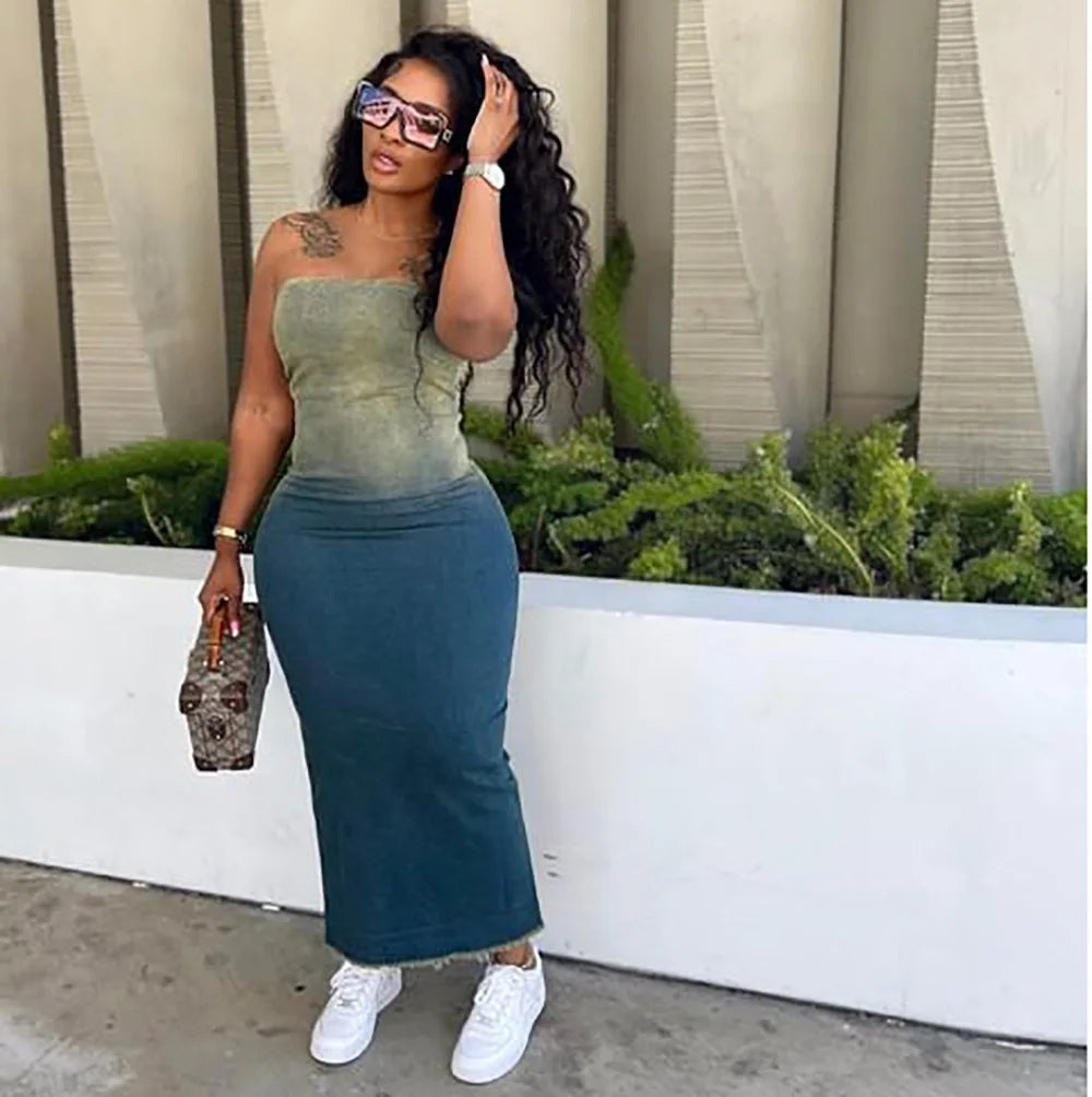 Gradient Colorblock Denim Sleeveless Backless Skinny High Slit Maxi Tube Jean Dress