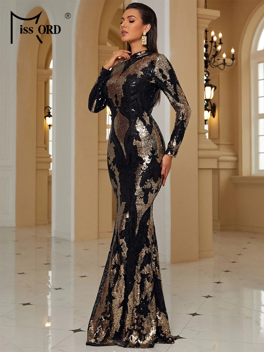 Gold Metallic Sequin Long Sleeve Bodycon Mermaid Evening Gown Party/Prom Dress