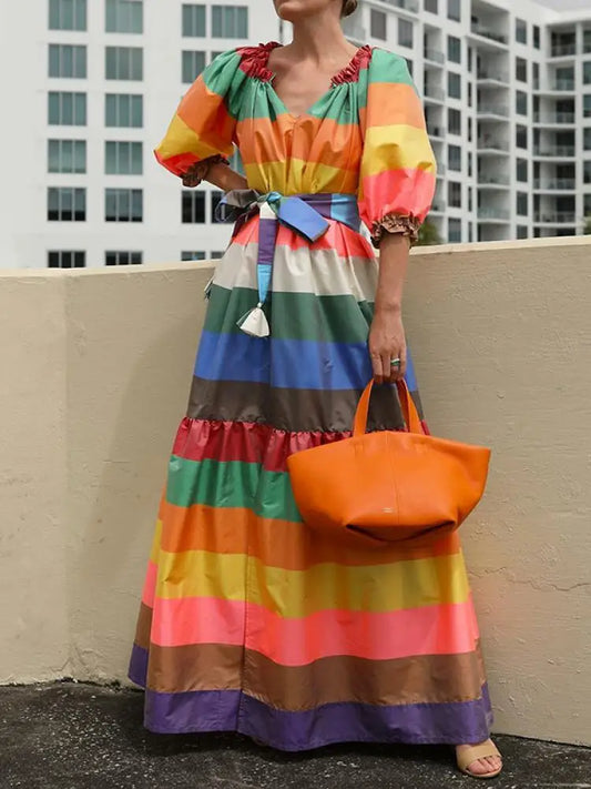 Rainbow Striped Short Puff Sleeve V-Neck Oversized Maxi Dress w/ Belt