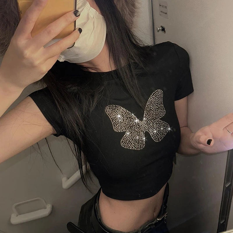 Women's Rhinestone Butterfly Print Crop Top