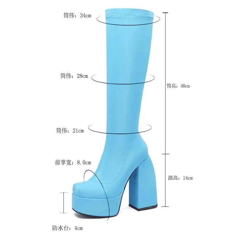 Solid Stretch Square Toe Block Platform Heel Ladies Boots