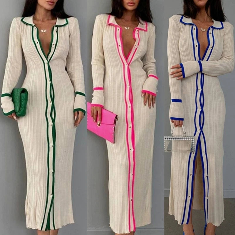 Striped Turn-Down Collar Long Sleeve Cardigan Maxi Bodycon V-Neck Button-Up Sweater Dress