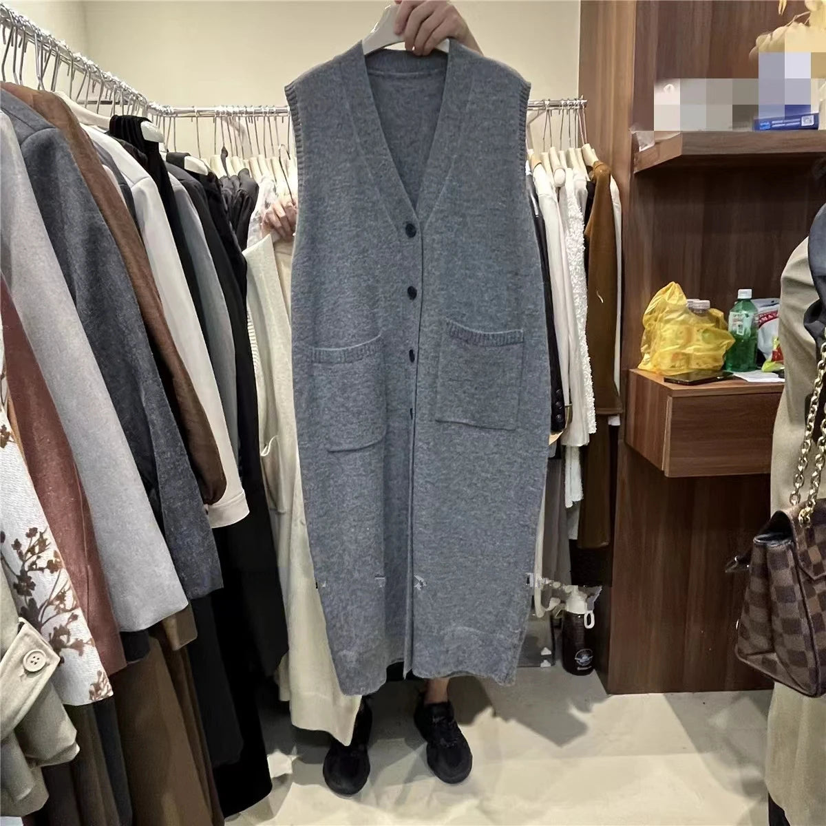 Sleeveless Knitted Button Front Vintage Oversized Knitted V-Neck Maxi Sweater Vest Dress