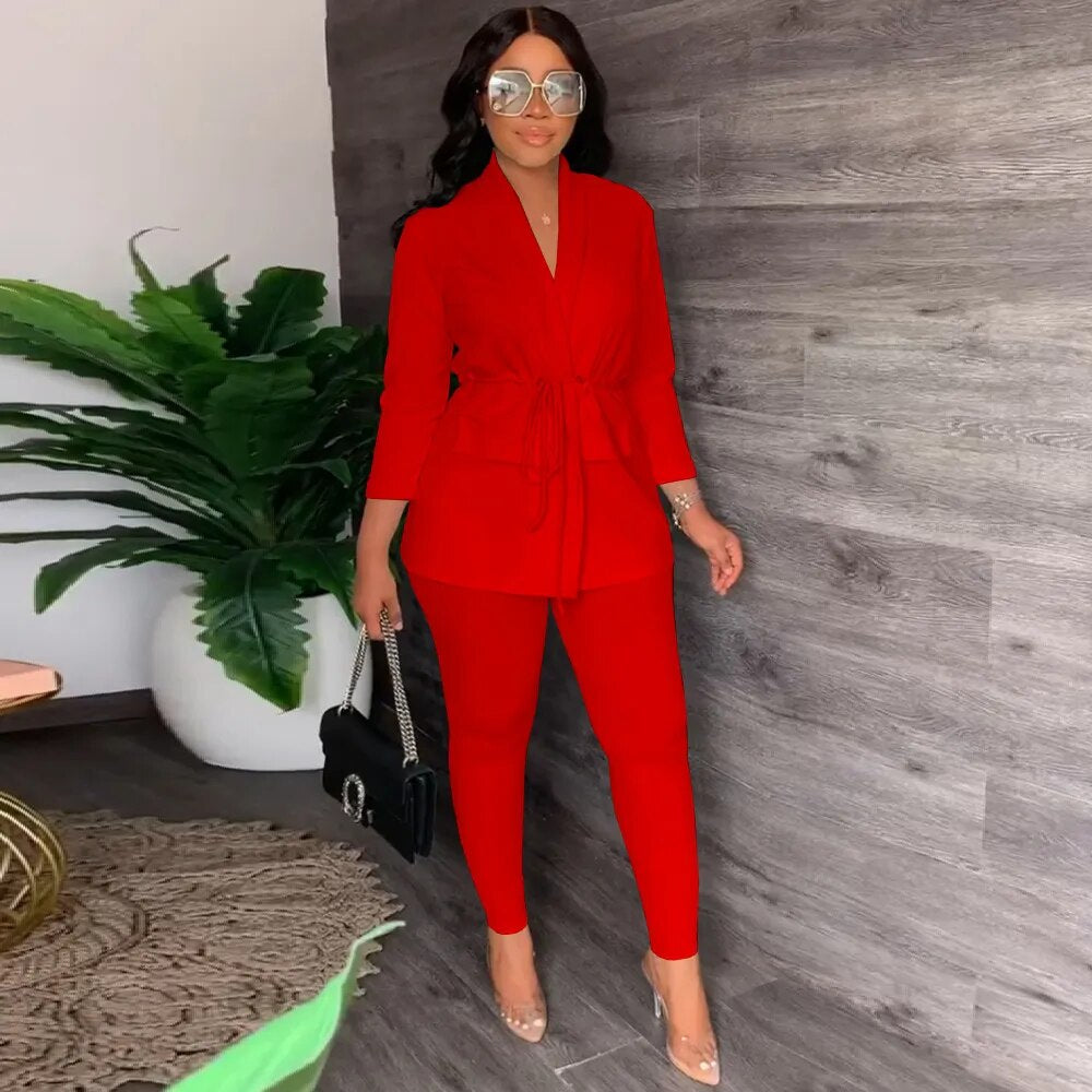 Solid Color Sash Belt Blazer + Matching Pants Ladies Suit