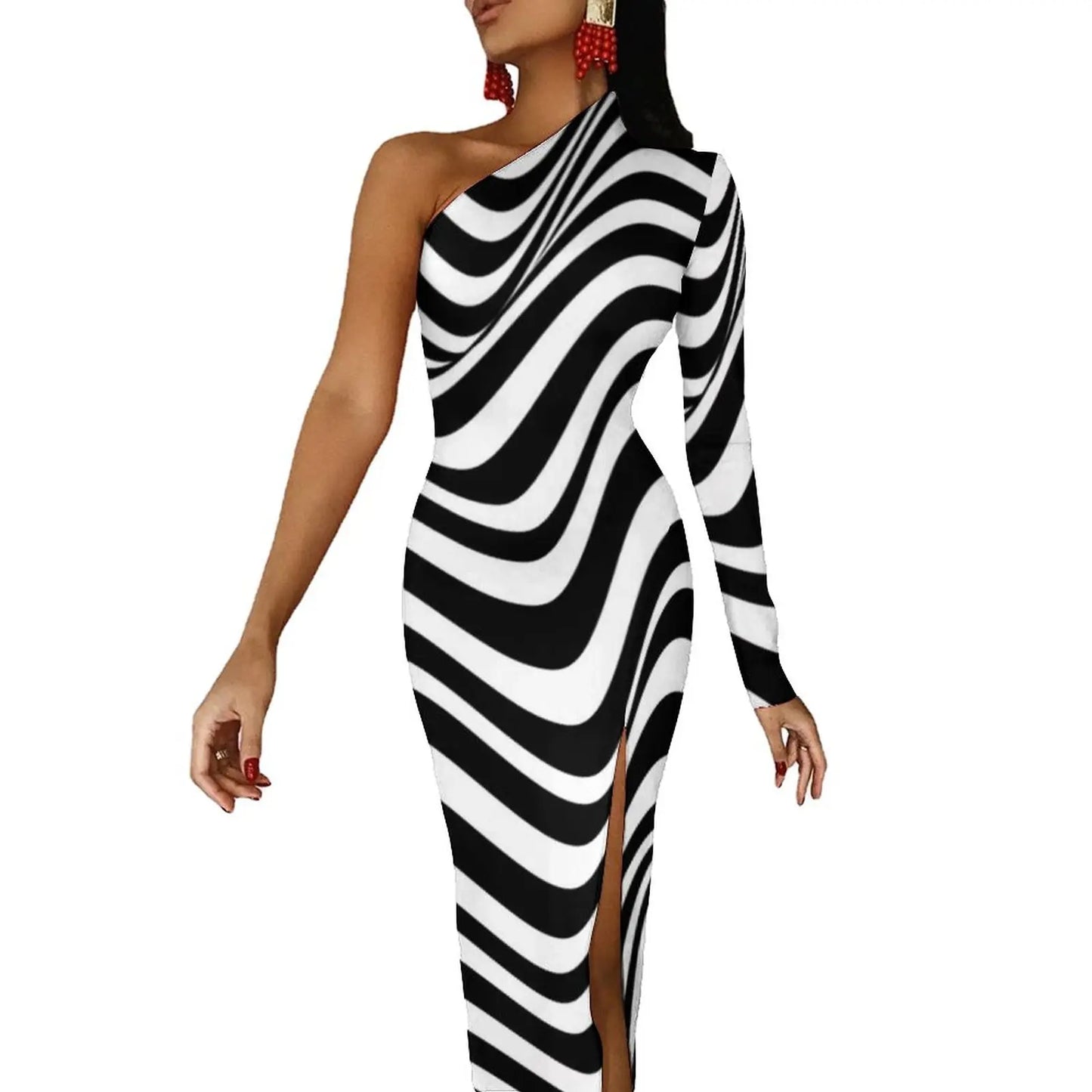 Striped/Rainbow Striped/American Flag Print One Sleeve Asymmetrical Bodycon Midi Dresses