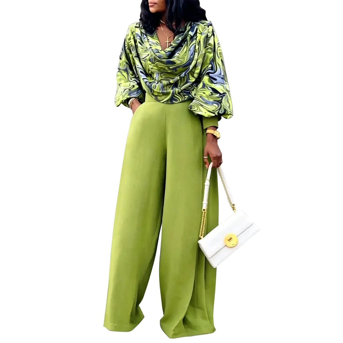 Geometric Print Women's Long Sleeve Top + Solid Color Pants Set to 5X Plus Size