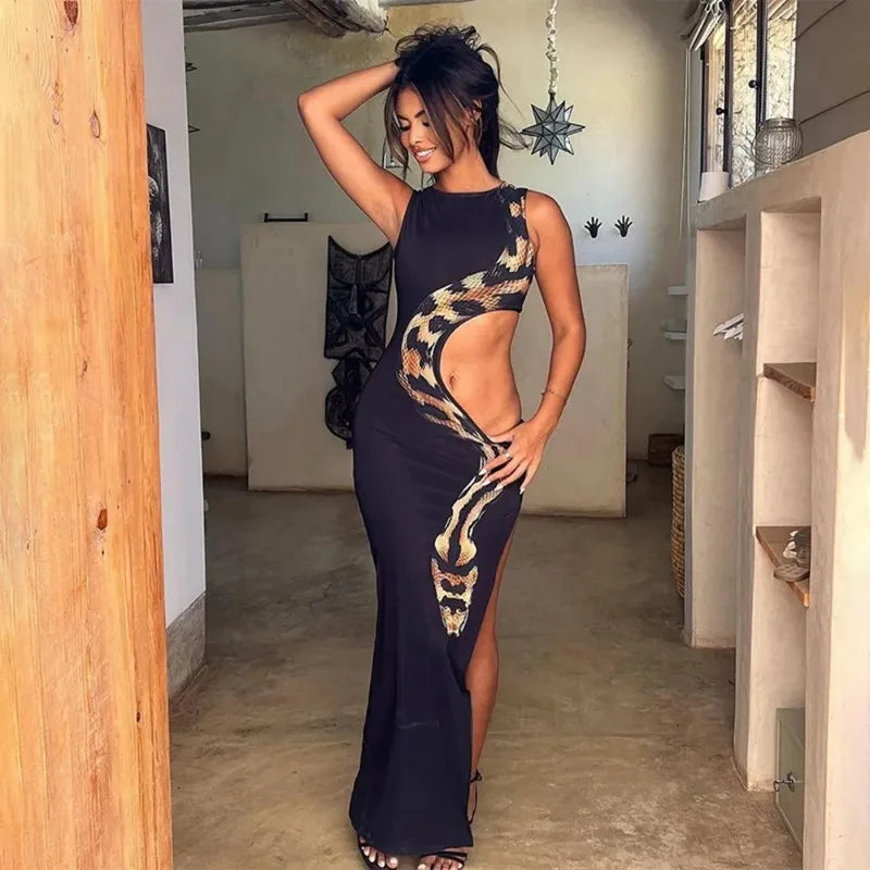 Sleeveless Python Snake Print Cut-Out High Slit Maxi Dress