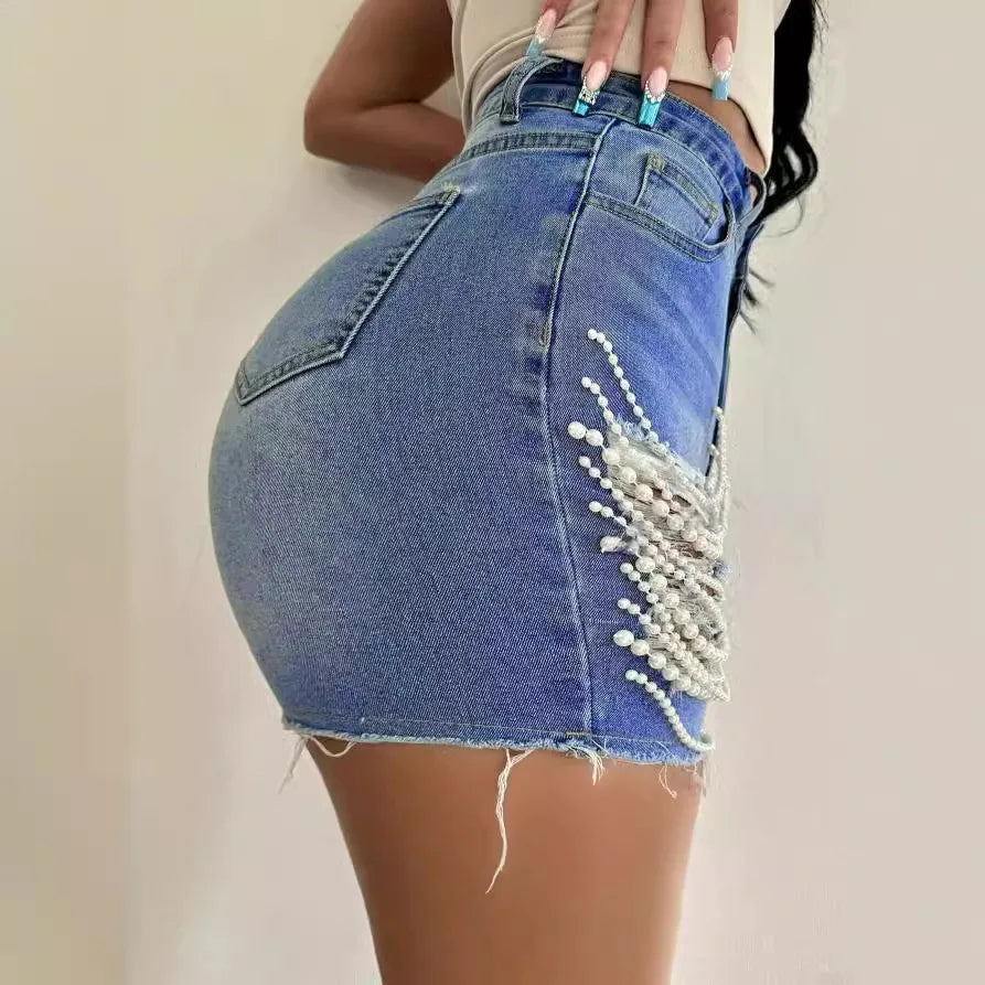 Handmade Tassel Fringe Pearl Chain Decor Denim Dark Blue/Light Blue Women's Jean Shorts