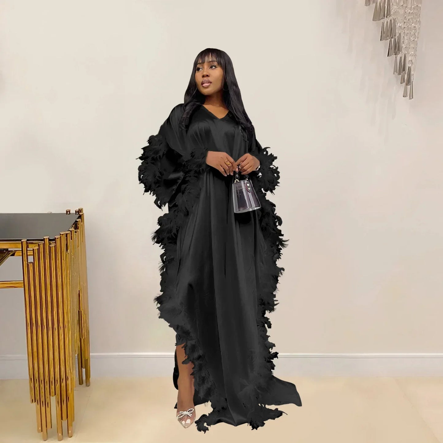 Oversized Satin Loose Feather Hem Design Batwing Long Sleeve V-Neck High Side Slit Formal Party Evening Robe Dress