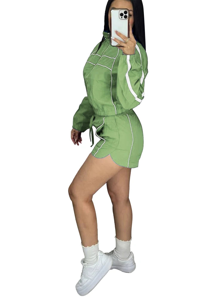 Side Striped Women's Long Sleeve Fitness Zipper Jacket + Mini Gym Shorts 2-Piece Tracksuit