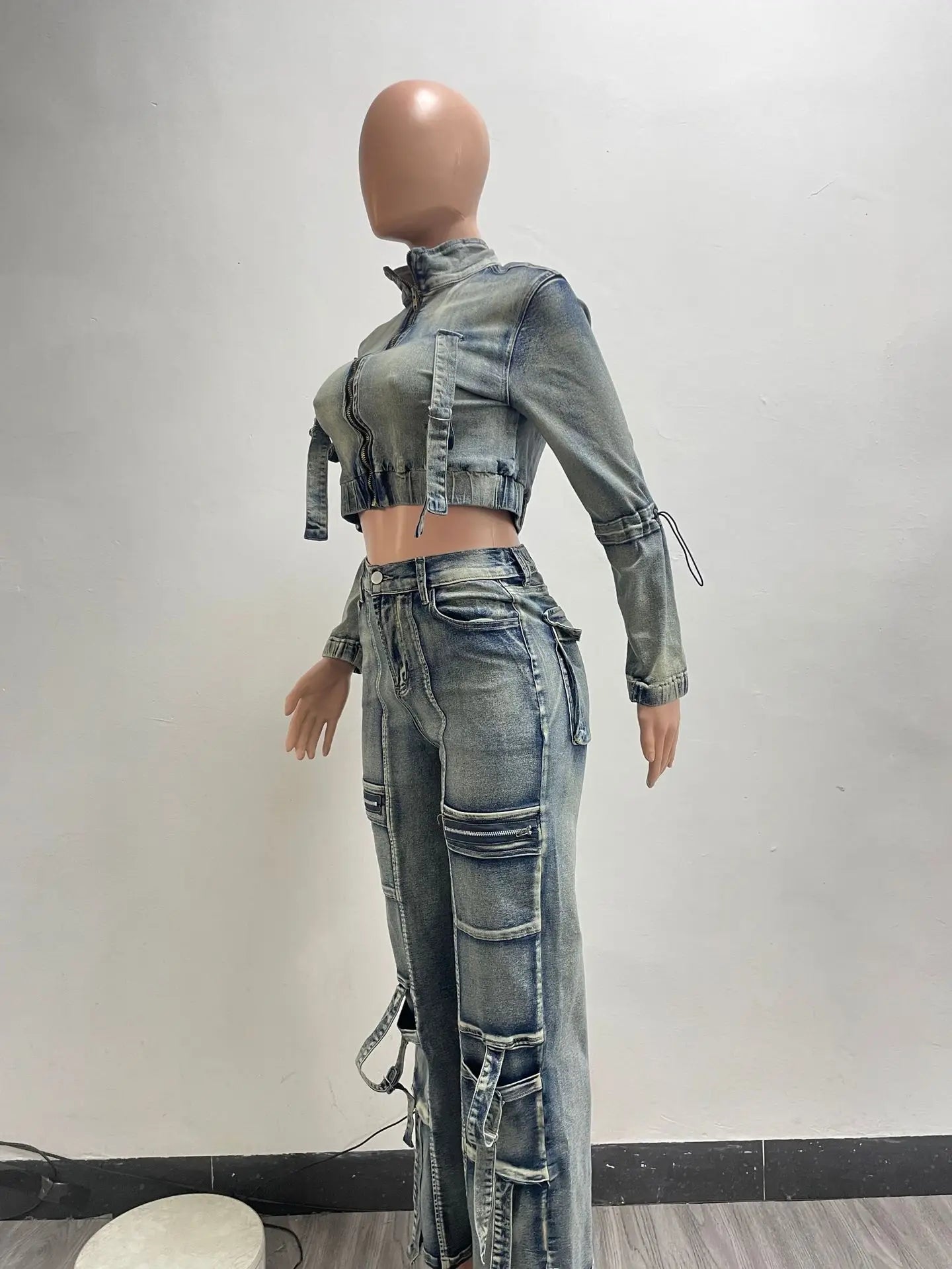 Stretch Faded Denim Women's Long Sleeve Zipper Jean Jacket + Cargo Multi-Pocket Straight Denim Jeans 2-Piece Set