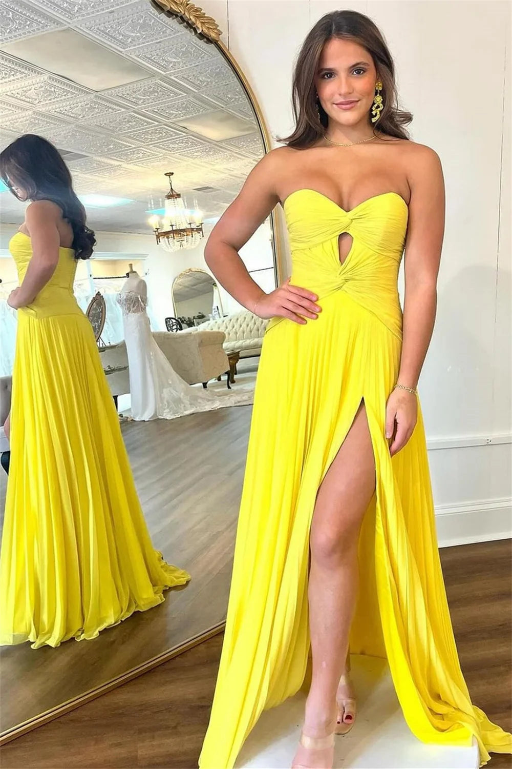 Chiffon Strapless Sleeveless Customized Solid Color Side Slit Formal Party/Wedding Mermaid Trumpet Maxi Dress