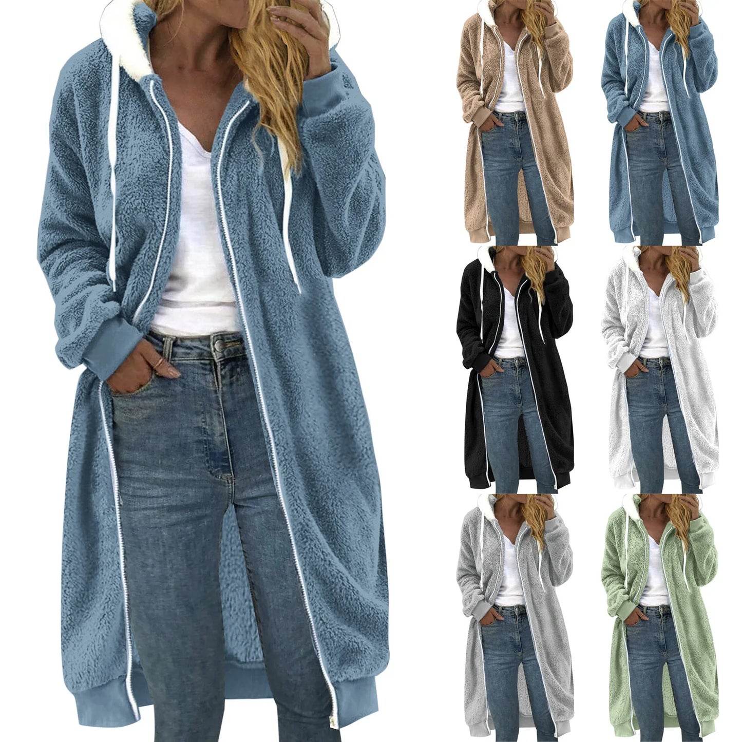 Colorblock Fleece Plush Women's Zipper Maxi Trench Hoodie Sweatshirt Shacket