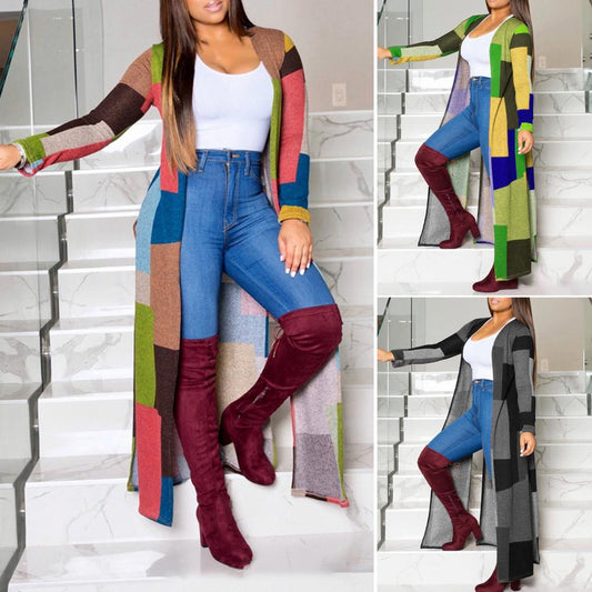 Colorblock Long Sleeve Maxi Longline Cardigan Sweater