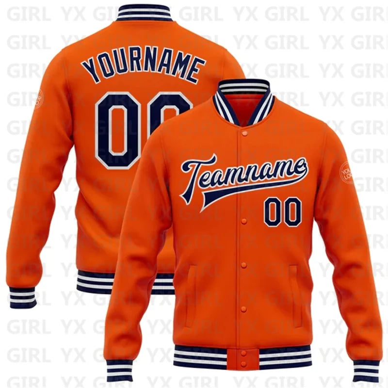 Customized Orange Navy-White Personalized Name Letter 3D Print Full-Snap Varsity Letterman's Baseball Button-Up Bomber Jacket