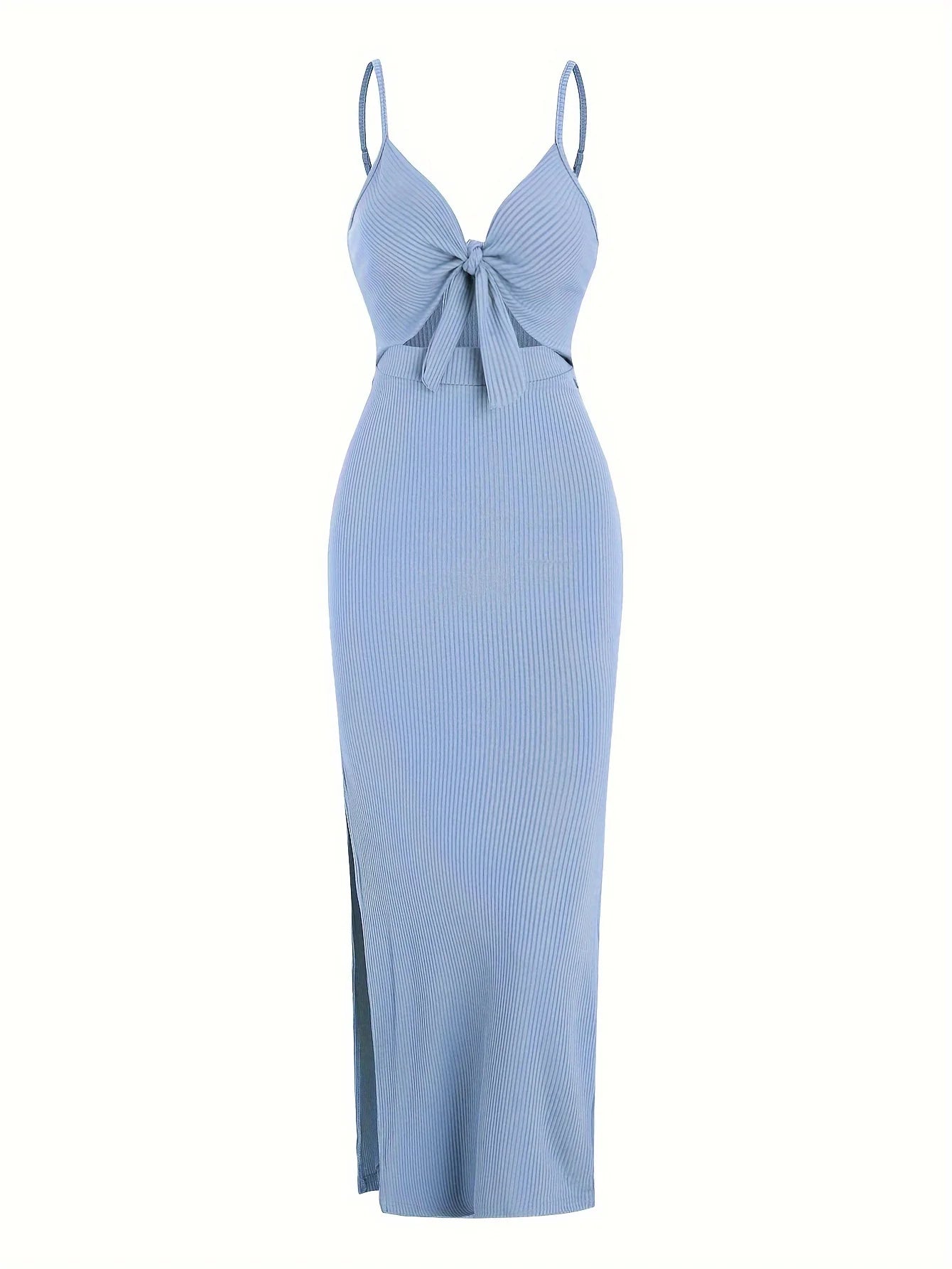 Ribbed Bowknot Design Spaghetti Strap V-Neck Knitted Sleeveless Solid Color High Slit Maxi Dress