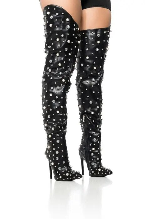 Pearl Embellished Pointed Toe Over-the-Knee Thigh High Boots