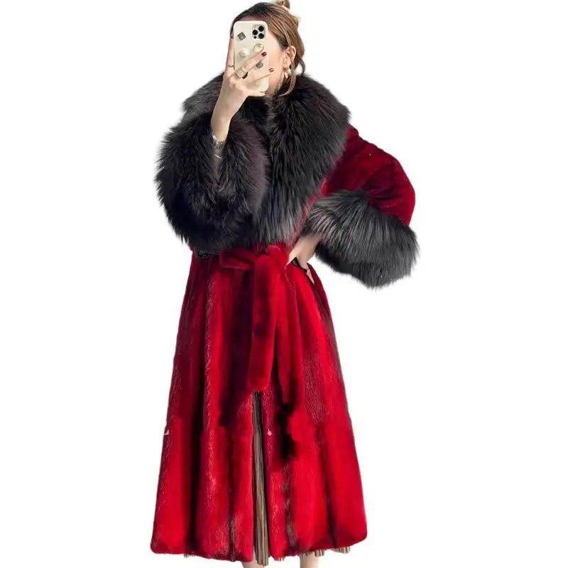 Oversized Faux Fur Collar Design Women's Adjustable Waist Trenchcoat