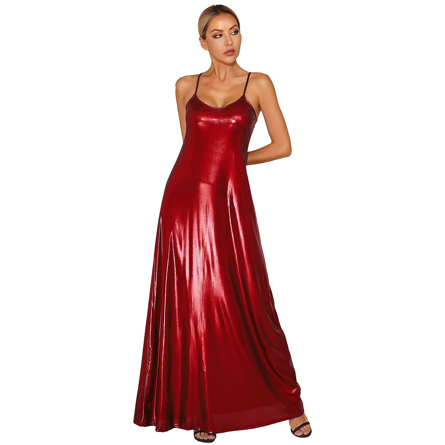 Shiny V-Neck Adjustable Spaghetti Strap Backless Dress