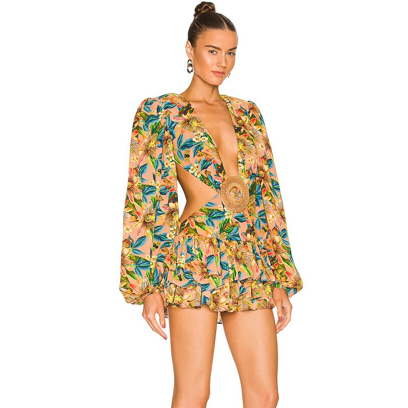 Yellow Floral Lantern Sleeve Sexy V-Neck Ball Mini Dress