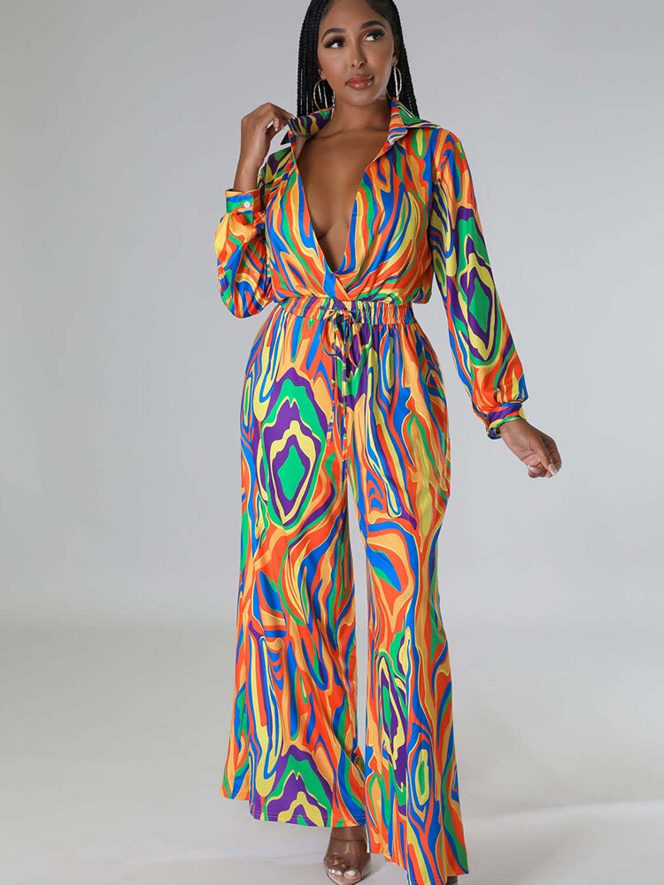 Multi-Colored Long Sleeve Printed Loose Wide Leg Jumpsuit