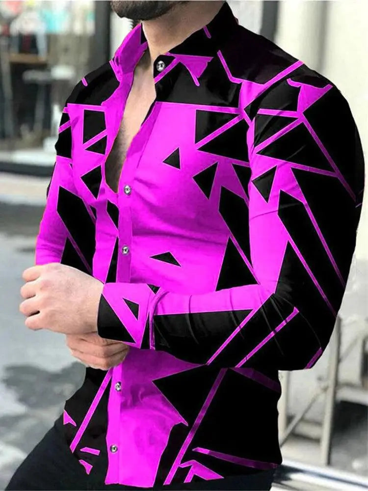 Men's Geometric Striped Print Turn-Down Collar Long Sleeve Button-Up Dress Shirts