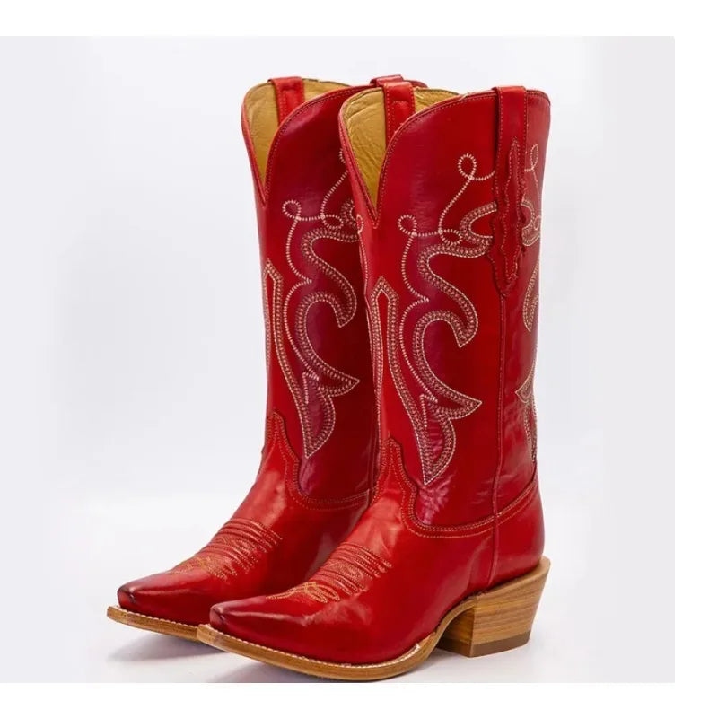 Western Flower Embroidered Pointed Toe PU Leather Midi Cowgirl Boots