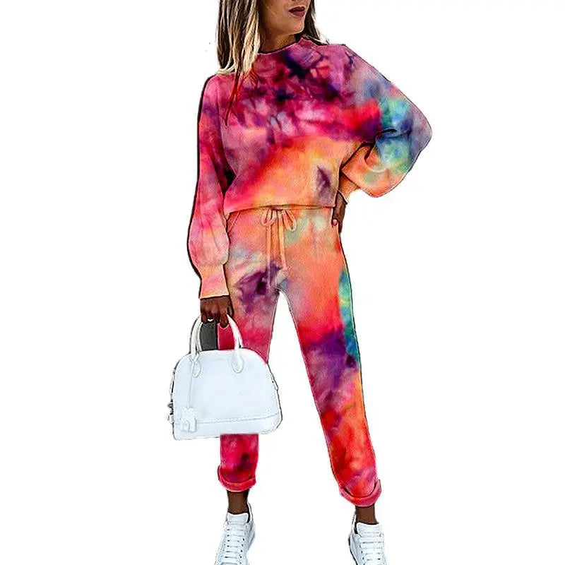 Tie-Dye/Alphabet/Star Print Turtleneck Long Sleeve Women's 2-Piece Set